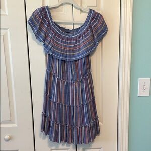 Blue Striped Off-Shoulder Tiered Dress